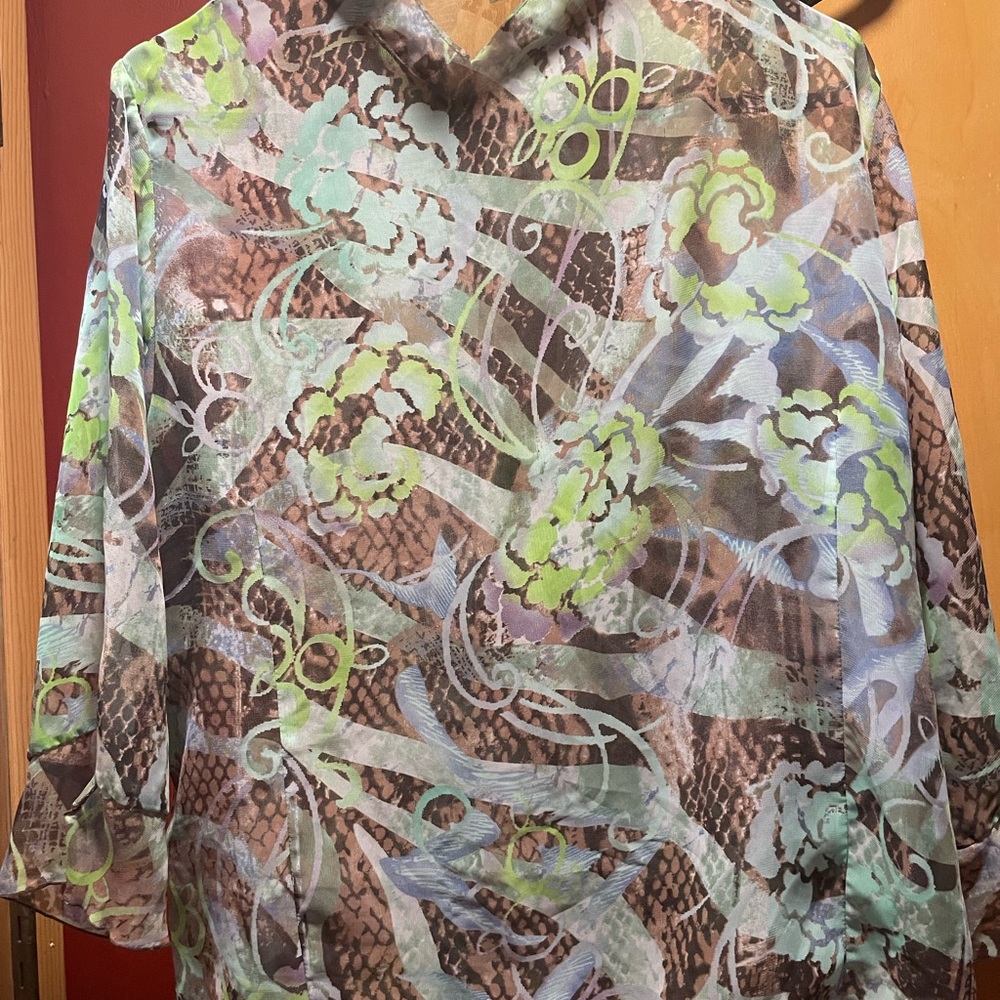 Sheer button up blouse with elongated cuff sleeve